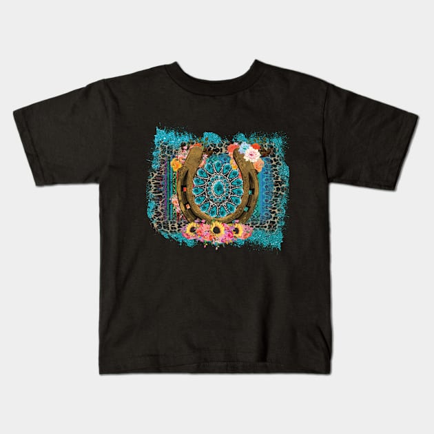 Rusty Horseshoe Turquoise Gem Kids T-Shirt by DigitalCreativeArt